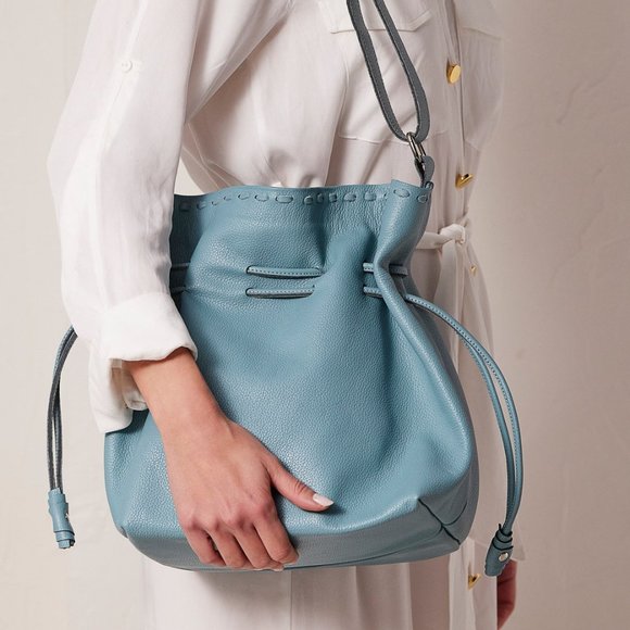 Genuine Leather Bucket Bag for Women, Blue Gray Shoulder Bag, Drawstring Bucket